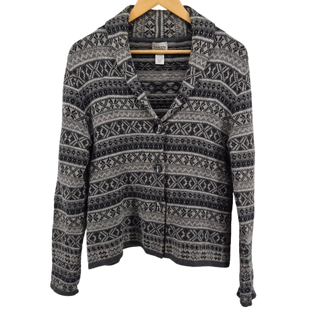 Chicos Size 2/L Gray Fair Isle Metallic Wool Blend Cardigan Sweater Shawl Collar